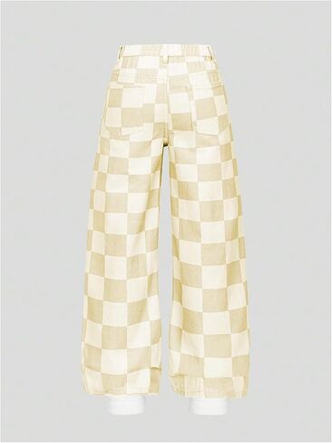 Wdirara Girl's Checkered Strained Leg Leg Baggy Jeans مرنة عالية الخصر سراويل الدنيم in Saudi Arabia