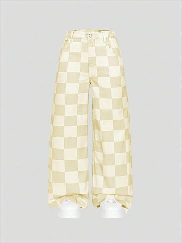 Wdirara Girl's Checkered Strained Leg Leg Baggy Jeans مرنة عالية الخصر سراويل الدنيم in Saudi Arabia