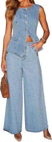 loveimgs Women 2 Piece Denim Set Button Sleeveless Jean Vest Denim Top Y2k Shirt Wide Leg Jeans Palazzo Pants Outfits in Saudi Arabia