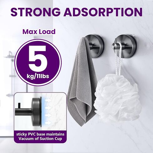 JOMOLA Suction Cup Shower Hooks for Hanging Towel Suction Hook for Inside Shower Stainless Steel Coat Hooks Wall Mounted Kitchen Utensil Stainless Steel, Matte Black, 2PCS in Kuwait