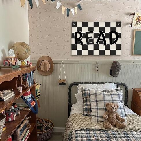 Kids Read Checkered Banner, Reading Room Corner Nook, Book Reading Wall Hanging Linen Banner, Black and White Checkered Reading Hanging Wall Flag for Library Kids Room Classroom Decor, 20x30 Inch in Saudi Arabia