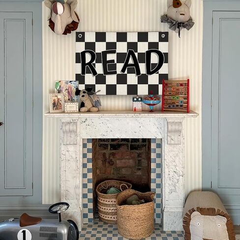 Kids Read Checkered Banner, Reading Room Corner Nook, Book Reading Wall Hanging Linen Banner, Black and White Checkered Reading Hanging Wall Flag for Library Kids Room Classroom Decor, 20x30 Inch in Saudi Arabia