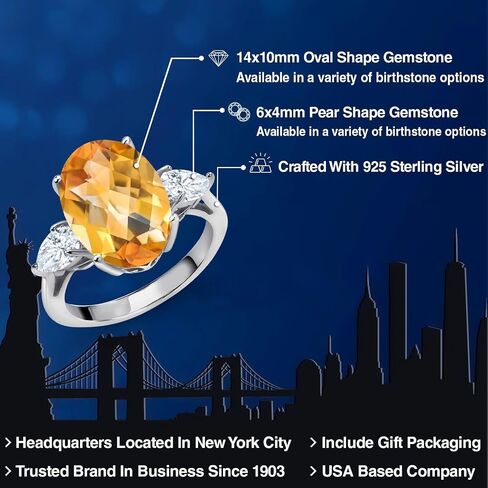 Gemstone Birthstone and White Moissanite 3-Stone Engagement Ring for Women in 925 Sterling Silver | Oval 14X10MM and Pear Shape 6X4MM | Three-Stone Anniversary Wedding Promise Ring | Size 5-9 in Saudi Arabia
