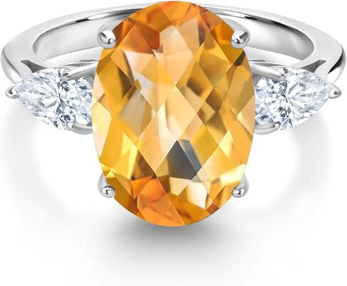 Gemstone Birthstone and White Moissanite 3-Stone Engagement Ring for Women in 925 Sterling Silver | Oval 14X10MM and Pear Shape 6X4MM | Three-Stone Anniversary Wedding Promise Ring | Size 5-9 in Saudi Arabia