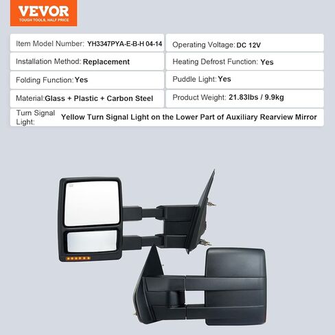مرايا القطر Vevor تتناسب مع 2004-2014 Ford F150 ، Power LED LED مدفأة الإشارة بركة مرايا القطر الخفيفة يدويًا يسيطر على التلسكوب الأسود القابل للطي in Kuwait