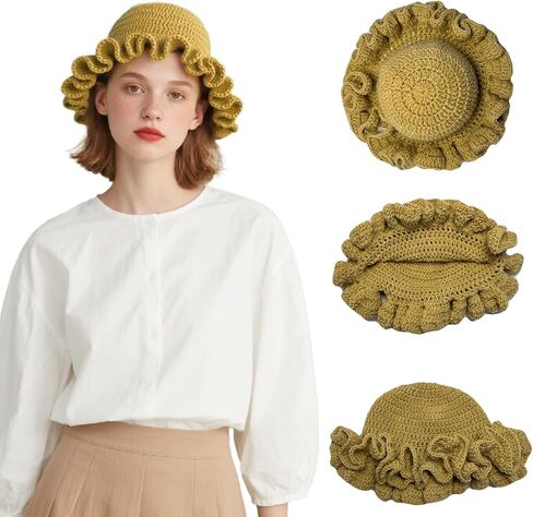 Crochet Hat Knitted Bucket Hats Solid Color Fashion Ruffled Brim Floopy Bucket Hat for Women in Kuwait