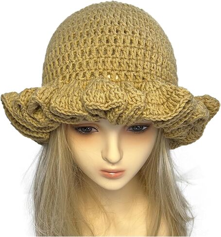 Crochet Hat Knitted Bucket Hats Solid Color Fashion Ruffled Brim Floopy Bucket Hat for Women in Kuwait