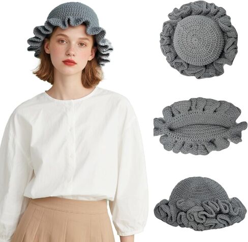 Crochet Hat Knitted Bucket Hats Solid Color Fashion Ruffled Brim Floopy Bucket Hat for Women in Kuwait