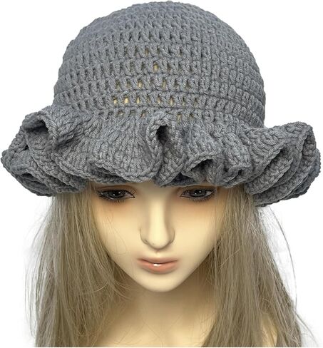 Crochet Hat Knitted Bucket Hats Solid Color Fashion Ruffled Brim Floopy Bucket Hat for Women in Kuwait