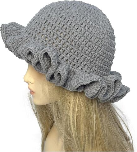 Crochet Hat Knitted Bucket Hats Solid Color Fashion Ruffled Brim Floopy Bucket Hat for Women in Kuwait