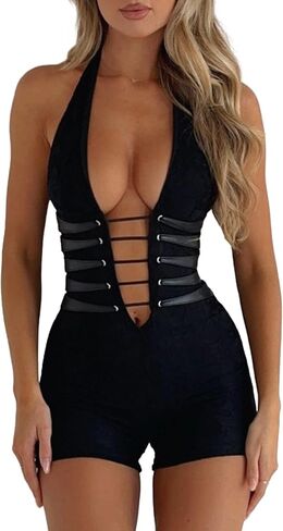Women's Lace Bodysuit Shorts Solid Color Sleeveless Halter Backless Cross Bandage Jumpsuit Party Club Rompers in Saudi Arabia