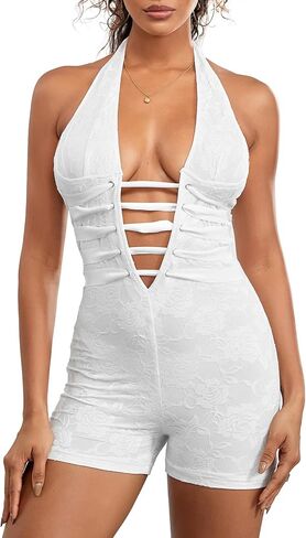 Women's Lace Bodysuit Shorts Solid Color Sleeveless Halter Backless Cross Bandage Jumpsuit Party Club Rompers in Saudi Arabia