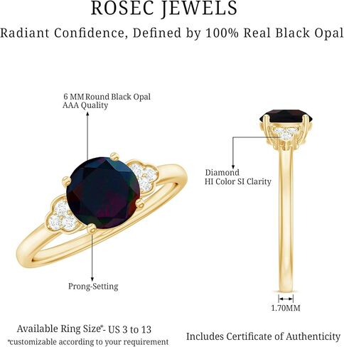 خاتم خطوبة أسود حقيقي 6 مم ، جودة AAA ، حلقة Opal Diamond Solitaire - مثالية للهدية in Saudi Arabia