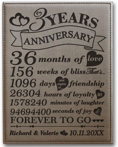 BELLA BUSTA- 3 Years Anniversary-Years, Months, Weeks, Days, Hours, Minutes, Seconds- 3rd Wedding Anniversary- Engraved Leather Plaque (7 x 9 Vertical (Rawhide)) in Saudi Arabia