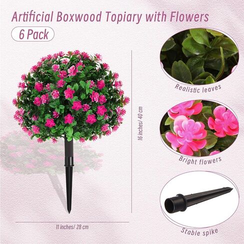 مجموعة yunlly من 6 شجرة الاصطناعية topiary ball tree 16 بوصة الشجرة في الهواء الطلق مع شجيرات زهرة مزيفة ، مقاومة الأشعة فوق البنفسجية ، نبات الخضرة الخضرة مع ارتفاع للدوائر الداخلية للشرفة الأمامية (الوردي) in Kuwait