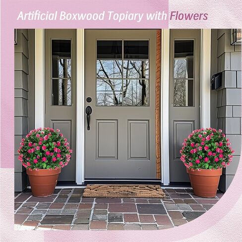 مجموعة yunlly من 6 شجرة الاصطناعية topiary ball tree 16 بوصة الشجرة في الهواء الطلق مع شجيرات زهرة مزيفة ، مقاومة الأشعة فوق البنفسجية ، نبات الخضرة الخضرة مع ارتفاع للدوائر الداخلية للشرفة الأمامية (الوردي) in Kuwait