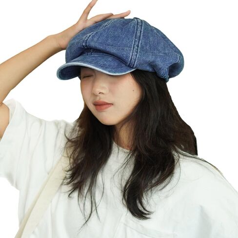 Women's Washed Denim Newsboy Cap Fashion Vintage 8 Panels Visor Beret Girls Octagonal Cap Painter Hat in Saudi Arabia