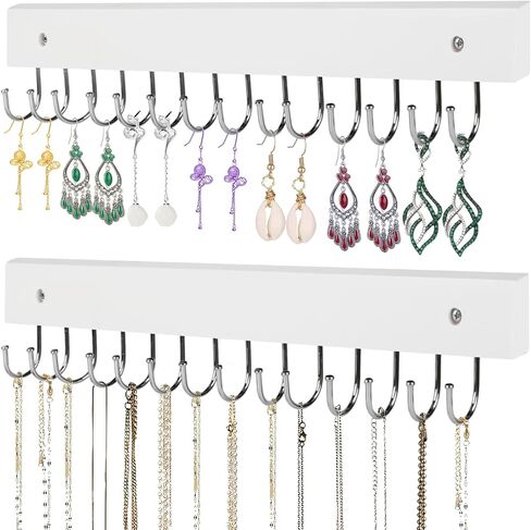 Necklace Holder Wall Mounted Jewelry Organizer - 2 Pack Wooden with 28 Hooks, Hanging Earring & Ring Bracelet Storage, Decorative Space-Saving Jewelry Display (White) in Saudi Arabia