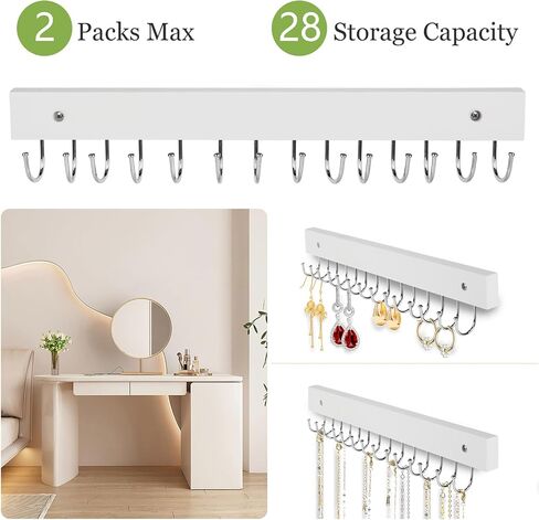 Necklace Holder Wall Mounted Jewelry Organizer - 2 Pack Wooden with 28 Hooks, Hanging Earring & Ring Bracelet Storage, Decorative Space-Saving Jewelry Display (White) in Saudi Arabia
