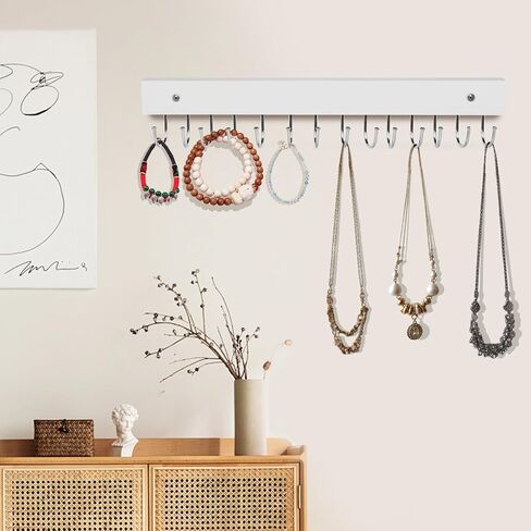 Necklace Holder Wall Mounted Jewelry Organizer - 2 Pack Wooden with 28 Hooks, Hanging Earring & Ring Bracelet Storage, Decorative Space-Saving Jewelry Display (White) in Saudi Arabia