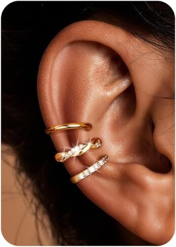 Gold Plated Ear Cuff Earrings Non Piercing for Women - Hypoallergenic Ear Cuffs Silver/Gold Non Tarnish Clip on Cartilage Earrings Fake Earring Set Trendy Jewelry 3Pcs in Saudi Arabia