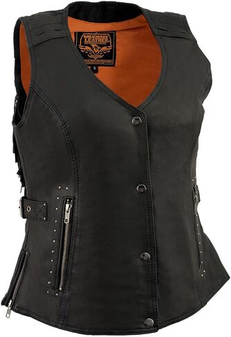 Milwaukee Leather MLL4565 Women's Black Fringed Leather Rivet Detail Side Buckle and Zipper Motorcycle Rider Vest in Saudi Arabia