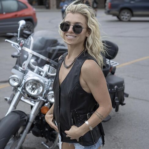 Milwaukee Leather MLL4565 Women's Black Fringed Leather Rivet Detail Side Buckle and Zipper Motorcycle Rider Vest in Saudi Arabia