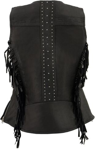 Milwaukee Leather MLL4565 Women's Black Fringed Leather Rivet Detail Side Buckle and Zipper Motorcycle Rider Vest in Saudi Arabia