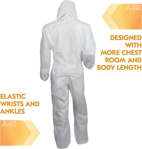 Kleenguard A40 Coveralls Liquid & Mission Protection Coveralls مع غطاء محرك السيارة (44325) ، أمامي الرمز البريدي ، المعصمين المرن والكاحلين (EWA) ، أبيض ، 2x-large ، 25 ملابس / حالة in Saudi Arabia