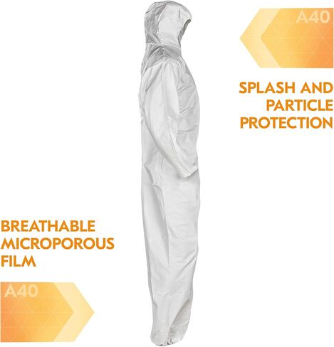 Kleenguard A40 Coveralls Liquid & Mission Protection Coveralls مع غطاء محرك السيارة (44325) ، أمامي الرمز البريدي ، المعصمين المرن والكاحلين (EWA) ، أبيض ، 2x-large ، 25 ملابس / حالة in Saudi Arabia