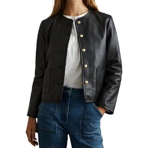 Women's Black Genuine Leather Military-Style Jacket with Gold Button Detailing. in Saudi Arabia