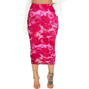 Women's Floral Print Mesh Long Skirt High Waisted Bodycon Pencil Maxi Skirts in Saudi Arabia
