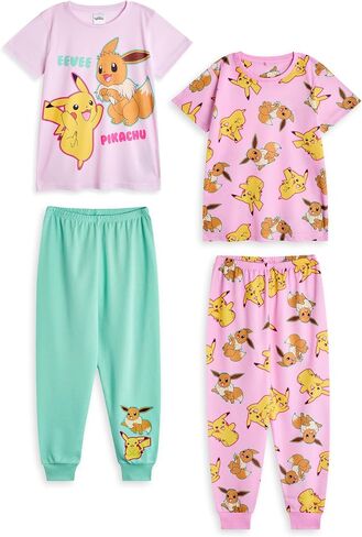Pokemon Girls Pajama Set | Kids Pikachu & Eevee Graphic Short Sleeve Top & Long Leg PJ Bottoms in Pink & Green Children in Saudi Arabia