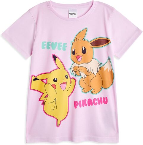 Pokemon Girls Pajama Set | Kids Pikachu & Eevee Graphic Short Sleeve Top & Long Leg PJ Bottoms in Pink & Green Children in Saudi Arabia