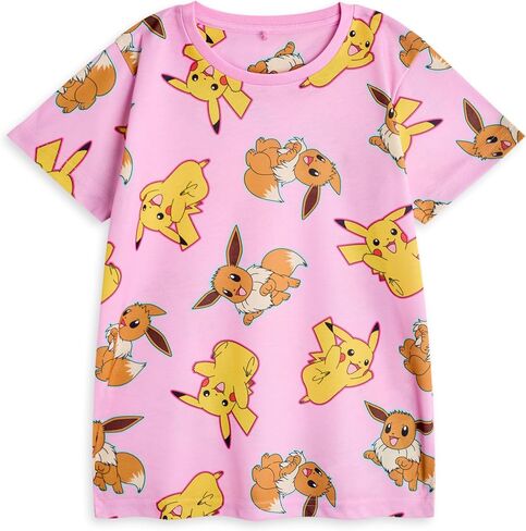 Pokemon Girls Pajama Set | Kids Pikachu & Eevee Graphic Short Sleeve Top & Long Leg PJ Bottoms in Pink & Green Children in Saudi Arabia