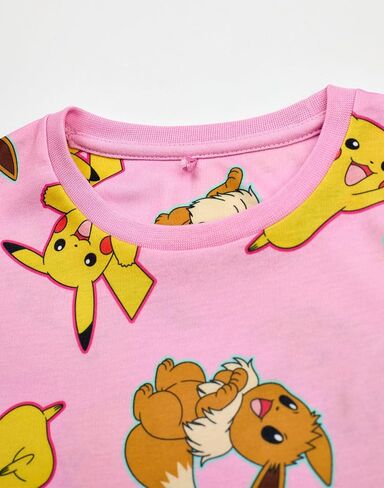Pokemon Girls Pajama Set | Kids Pikachu & Eevee Graphic Short Sleeve Top & Long Leg PJ Bottoms in Pink & Green Children in Saudi Arabia