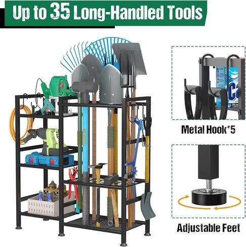 منظم أدوات الحديقة من keomaisyto للمرآب، منظم أدوات الفناء لتنظيم المرآب وتخزينه، حامل أدوات حديقة عالي التحمل مع 35 فتحة أدوات ذات مقبض طويل و10 خطافات أدوات للسقيفة والساحة in Kuwait