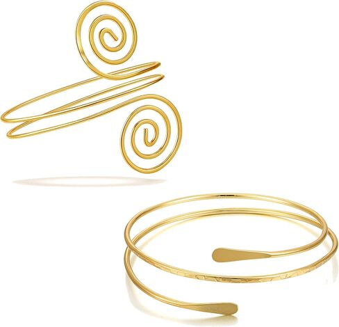BROCC 2PCS Gold Coil Swirl Upper Arm Bracelet for Women Open Upper Arm Cuff Bangle Armlet Gold Silver Adjustable Armband Bracelet Set in Saudi Arabia