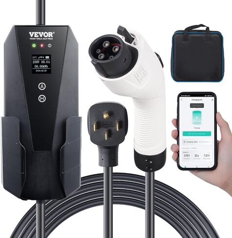 VEVOR Level 2 Portable EV Charger ، 32 AMP 240V ، شاحن المركبات الكهربائية مع كابل شحن 28 قدمًا NEMA 14-50P ، 16/20/24/32A محطة شحن قابلة للتعديل في المنزل EV لـ SAE J1772 EVS in Kuwait