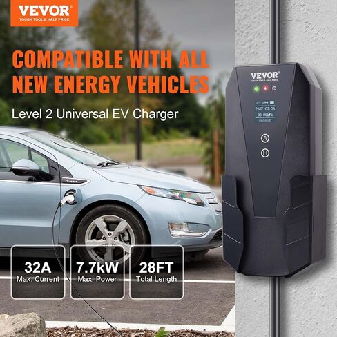 VEVOR Level 2 Portable EV Charger ، 32 AMP 240V ، شاحن المركبات الكهربائية مع كابل شحن 28 قدمًا NEMA 14-50P ، 16/20/24/32A محطة شحن قابلة للتعديل في المنزل EV لـ SAE J1772 EVS in Kuwait