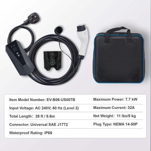 VEVOR Level 2 Portable EV Charger ، 32 AMP 240V ، شاحن المركبات الكهربائية مع كابل شحن 28 قدمًا NEMA 14-50P ، 16/20/24/32A محطة شحن قابلة للتعديل في المنزل EV لـ SAE J1772 EVS in Kuwait