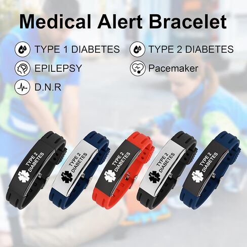 Medical Alert Bracelet for Women Men, Adjustable Medical Alert ID Silicone Wristband for Diabetic D.N.R Pacemaker Epilepsy in Saudi Arabia
