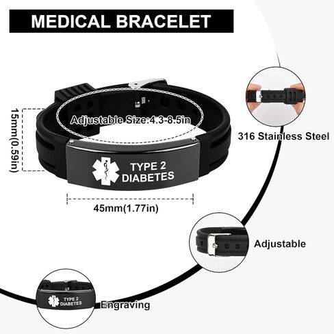 Medical Alert Bracelet for Women Men, Adjustable Medical Alert ID Silicone Wristband for Diabetic D.N.R Pacemaker Epilepsy in Saudi Arabia