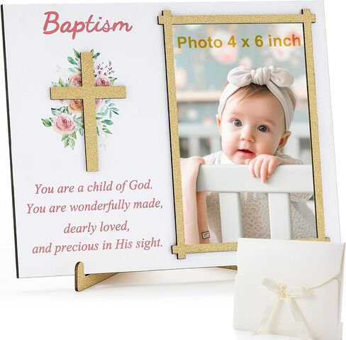Wesiti Baptism Photo Frame with Gift Box 4 x 6 Inch Baptism Wooden Picture Frame Catholic Keepsake Gifts for Girl Boy Baby Shower Godchild Christening Party Favors Religious Advent Christmas Gift in Kuwait