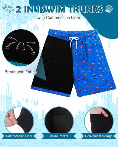 Boys Swim Trunks with Compression Liner Swim Shorts Boys Bathing Suits Swimsuit Kids Beach Quick Dry Swimwear in Kuwait