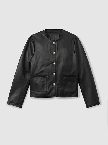 Women's Black Genuine Leather Military-Style Jacket with Gold Button Detailing. in Saudi Arabia