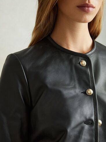 Women's Black Genuine Leather Military-Style Jacket with Gold Button Detailing. in Saudi Arabia