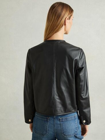 Women's Black Genuine Leather Military-Style Jacket with Gold Button Detailing. in Saudi Arabia