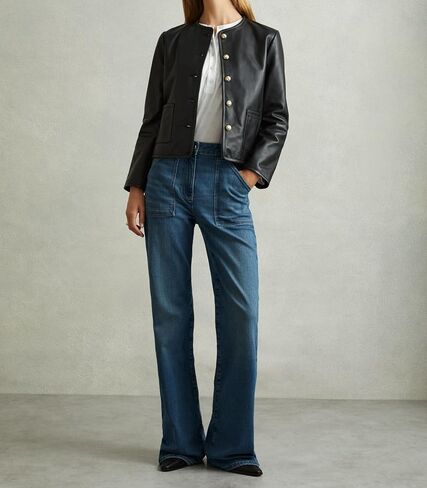 Women's Black Genuine Leather Military-Style Jacket with Gold Button Detailing. in Saudi Arabia