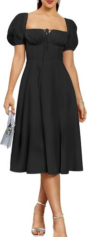 Women's 2024 Summer Puff Sleeve Midi Dress Lace Up Flowy Split Casual Beach Dresses Navy XL in Saudi Arabia